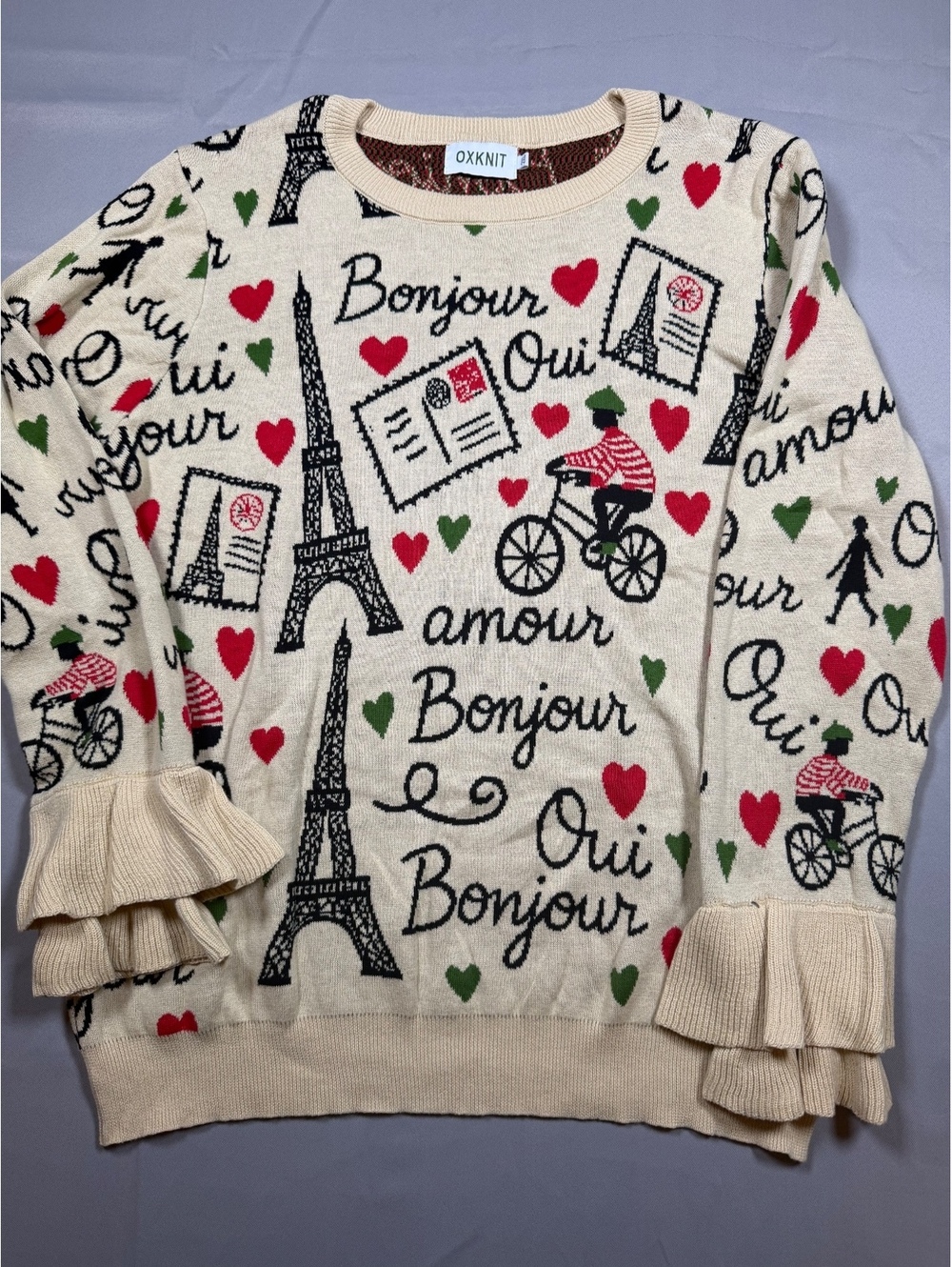 OXKNIT Paris Bonjour Eiffel Tower Knit Sweater
